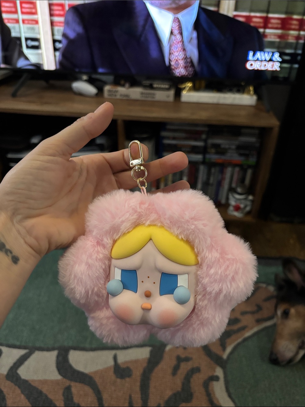 Pink Plush Crying Face Keychain with Blonde Hair